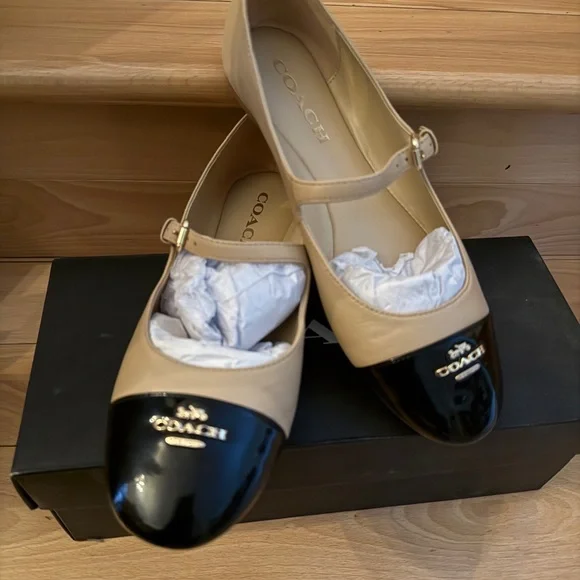 Coach Tan and Black Flats with Gold Buckle - Picture 7 of 7